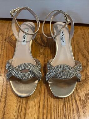 Nina Gold Rhinestone Crossover Ankle-Strap Wedge Heel